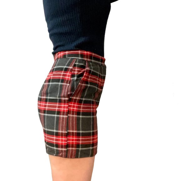 JANE BLANC PARIS M Tartan Flannel Mini Skirt Pencil Red High Waist Plaid Poket S - Picture 2 of 14